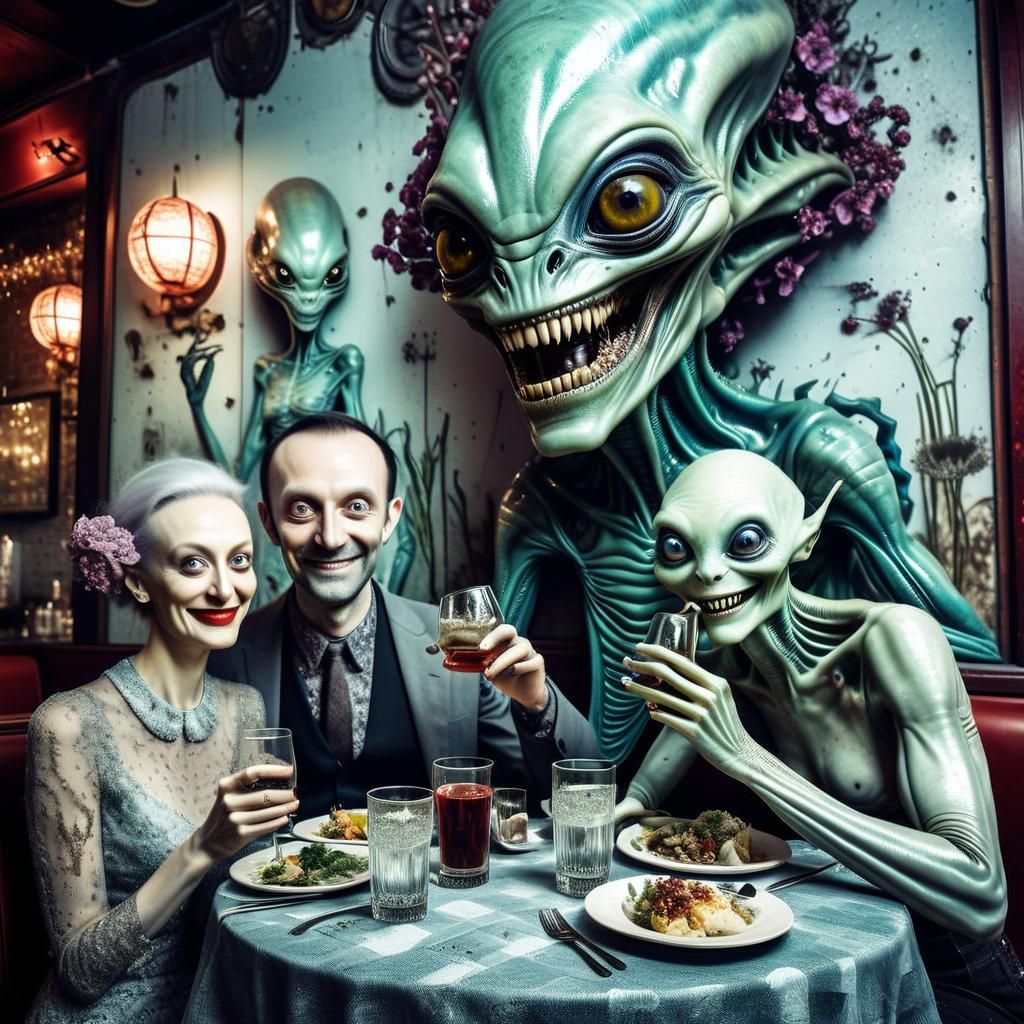 Surreal Alien Celebration in Restaurant Setting