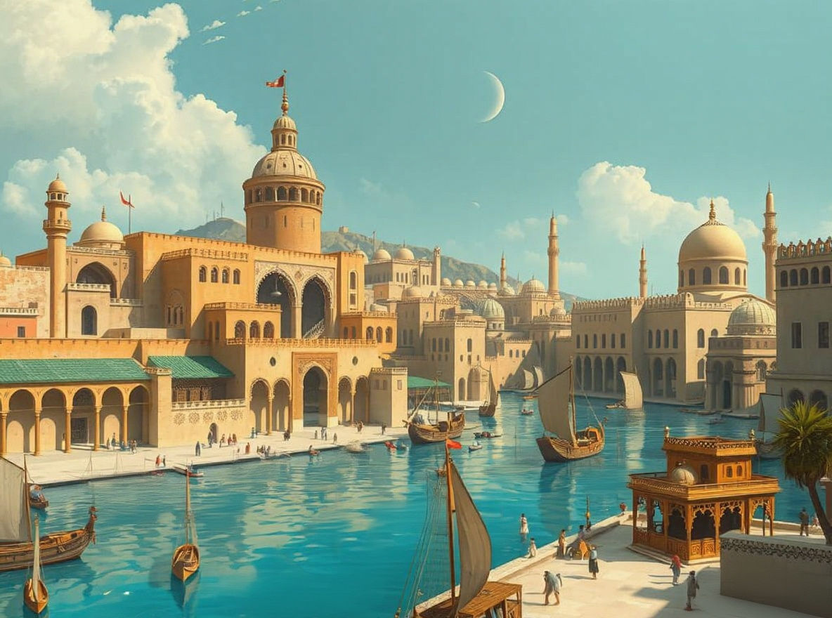 Fantasy Cityscape with Bustling Harbor, Atmospheric Realism