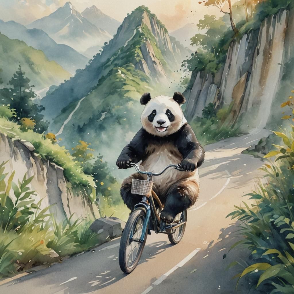 Panda on Bicycle: Whimsical Watercolor Illustration