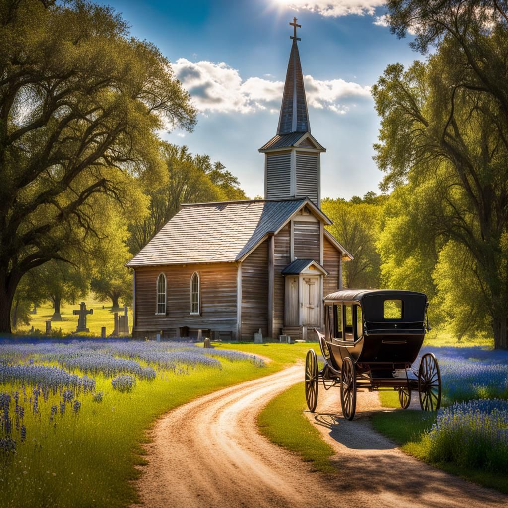 Country Church and Bluebonnets in Hyperrealistic Photo