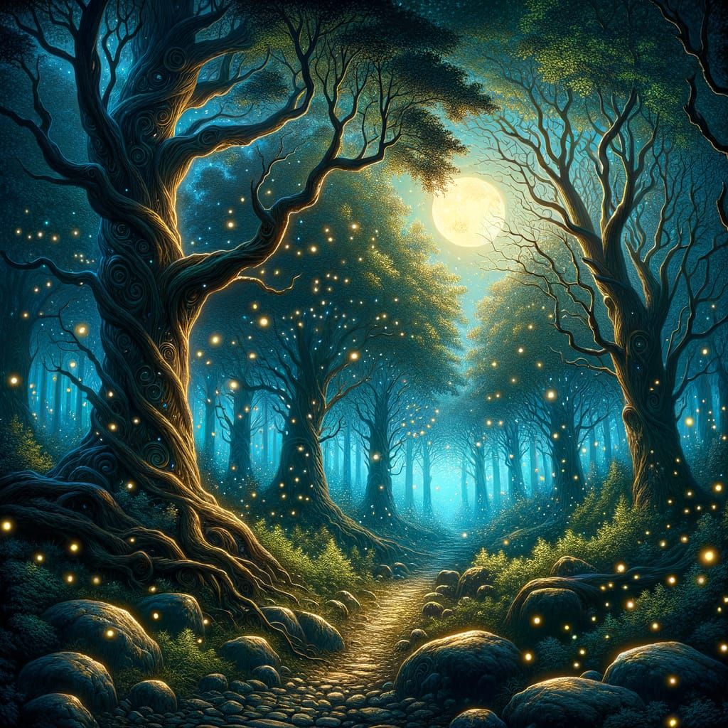 Enchanted Forest Moonlit Path in Fantasy Illustration Style