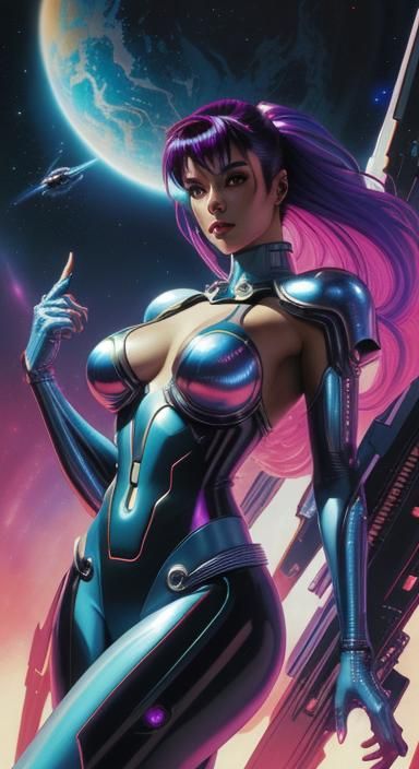 Cyberpunk Dragon Rider in Retro Sci-Fi Landscape