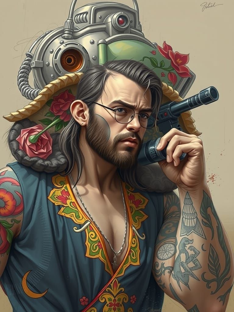 Vibrant Portrait of a Rugged, Tattooed Man in a Dynamic Comp...
