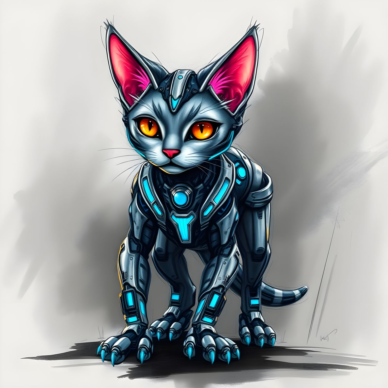 Cyborg Feline in Dynamic Charcoal Landscape with Iridescent ...