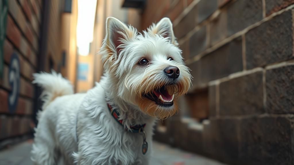Dog Barking in Alley: Futuristic Watercolor Painting
