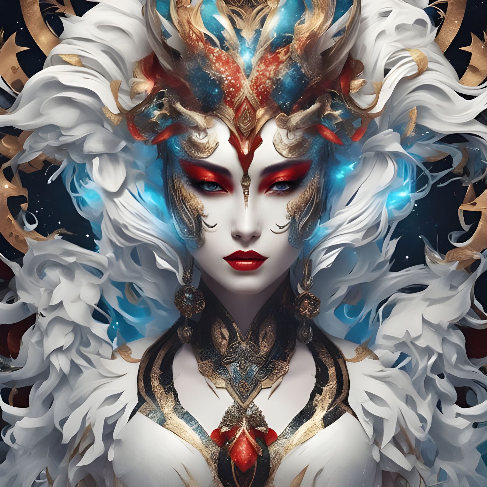 Porcelain Kitsune Portrait with Labyrinth Patterns