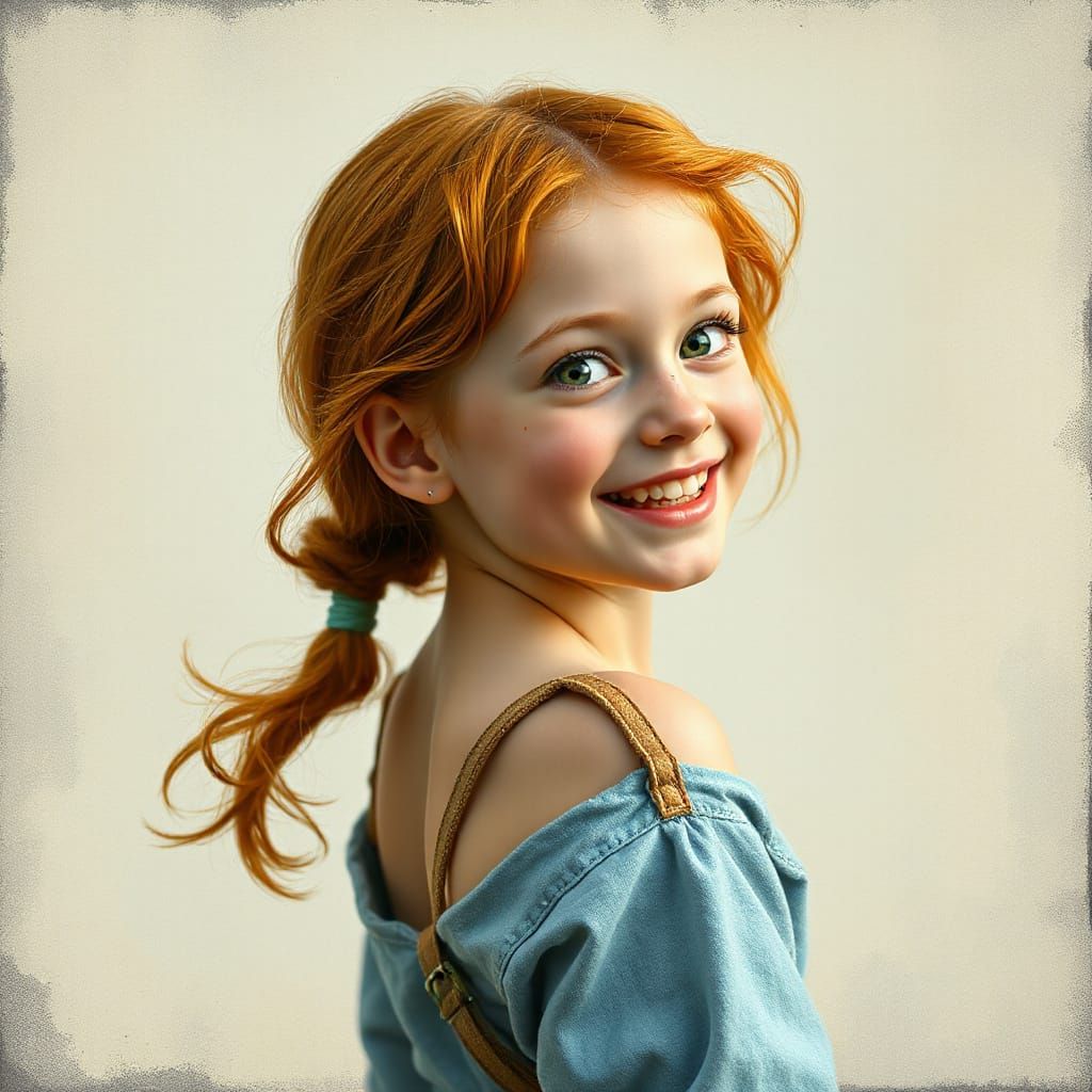 Whimsical Girl in Faded Blue Sarafan Radiates Joy