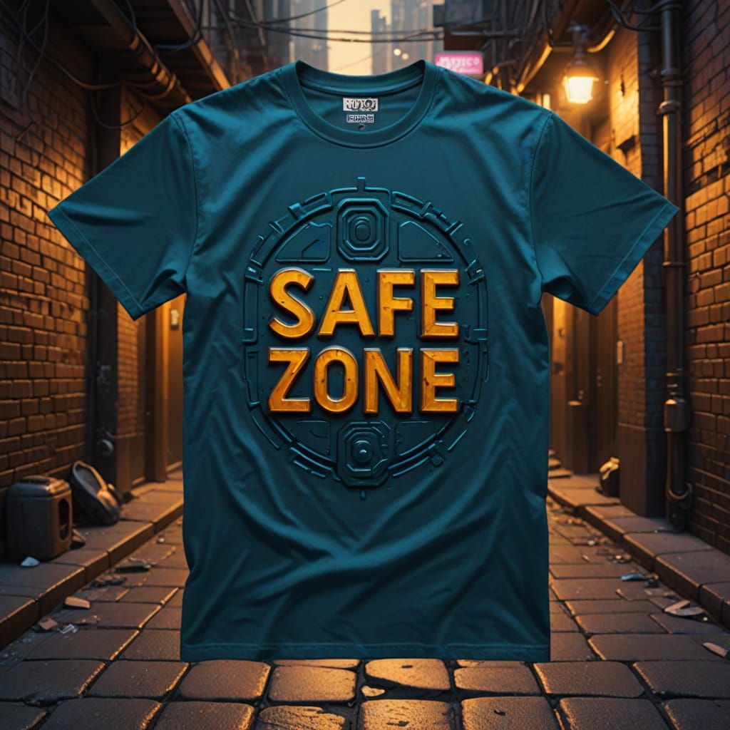 Petrol Blue T-Shirt with Neon 'SAFE ZONE' Text