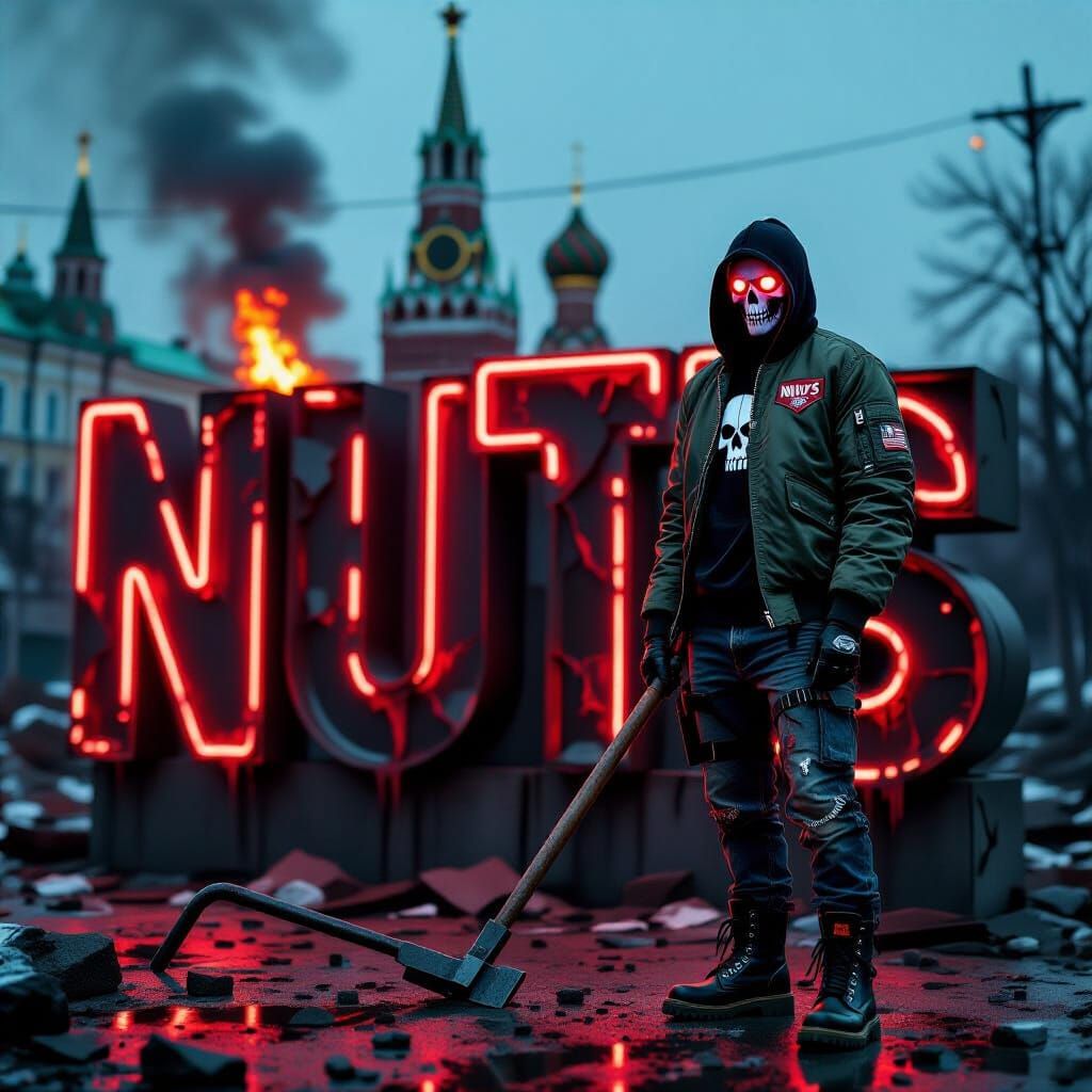 Dystopian Moscow Scene with Neon "NUT'S" Text