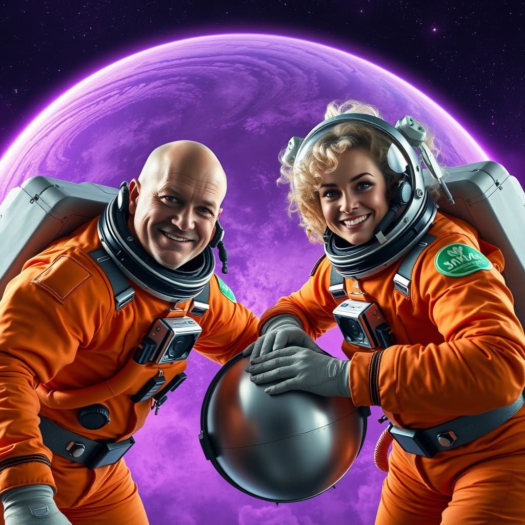 Astronauts in Hyperrealistic Space Scene with Purple Haze Pl...