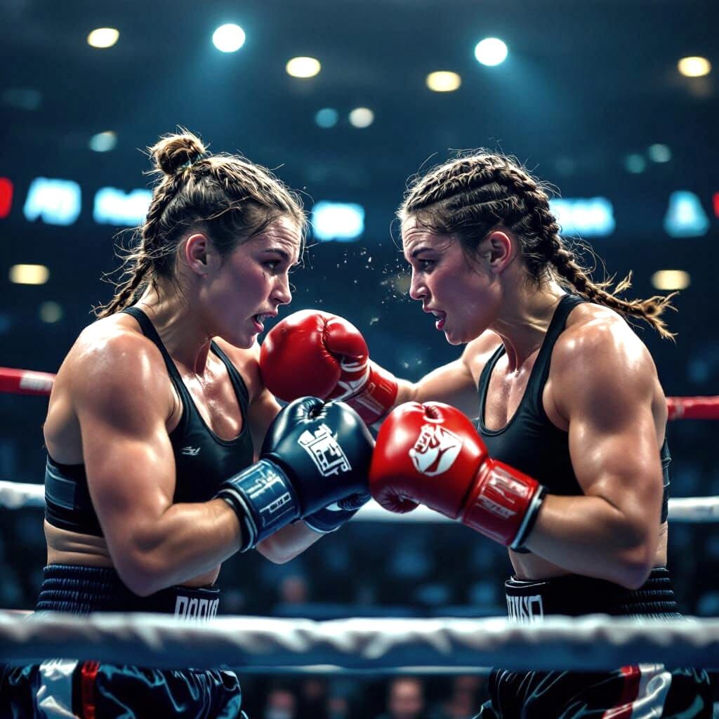Female Boxers Exchange Jabs in Realistic Action Photo