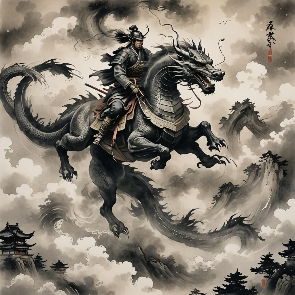 Samurai on Dragon: Sumi-e Ink Painting
