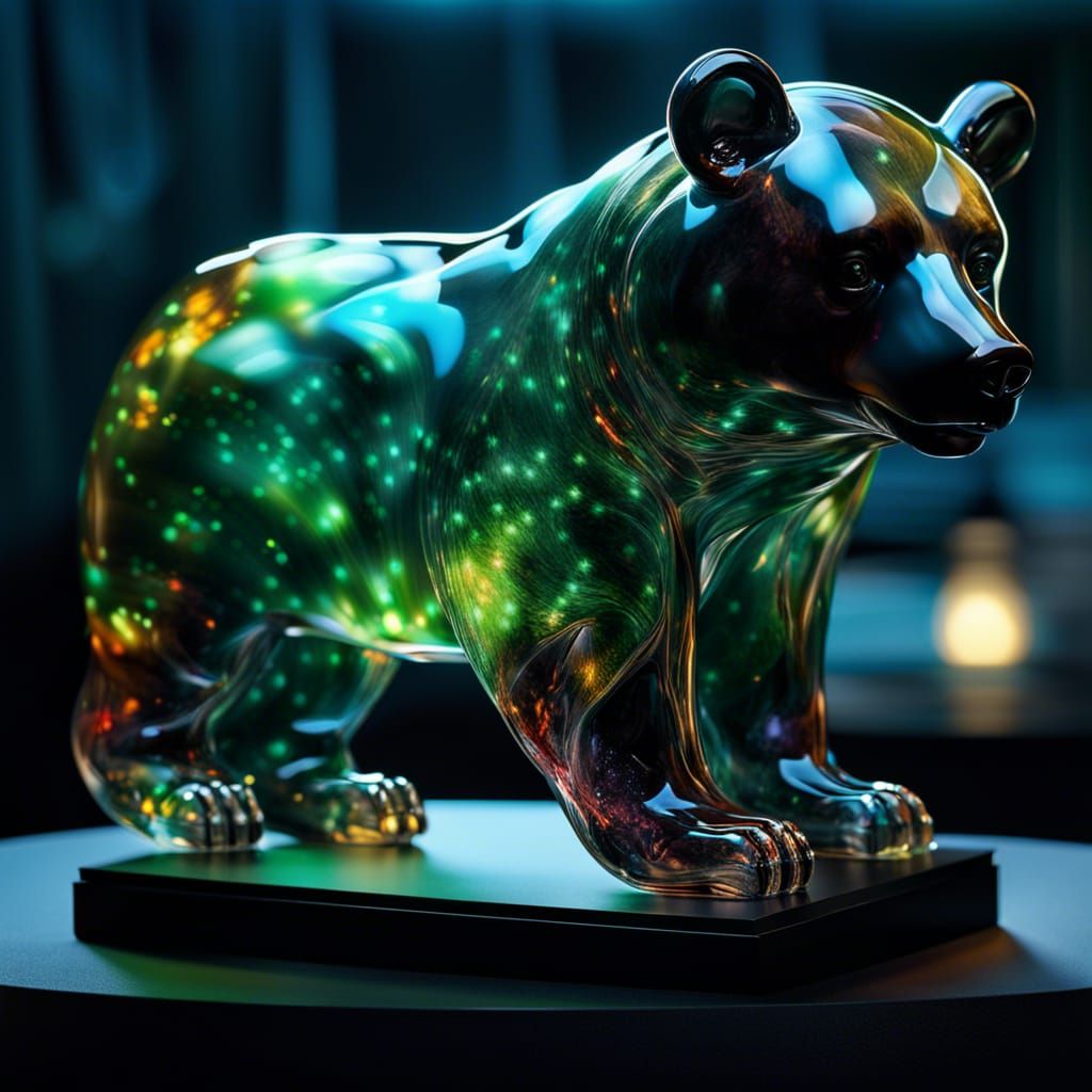 Blown Glass Bear with Northern Lights Effect