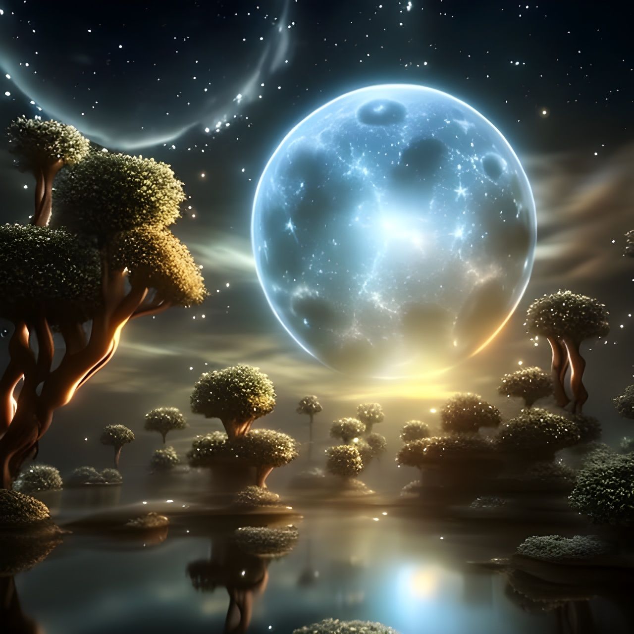 Crystal Rose and Glitter Tree in Surreal Landscape