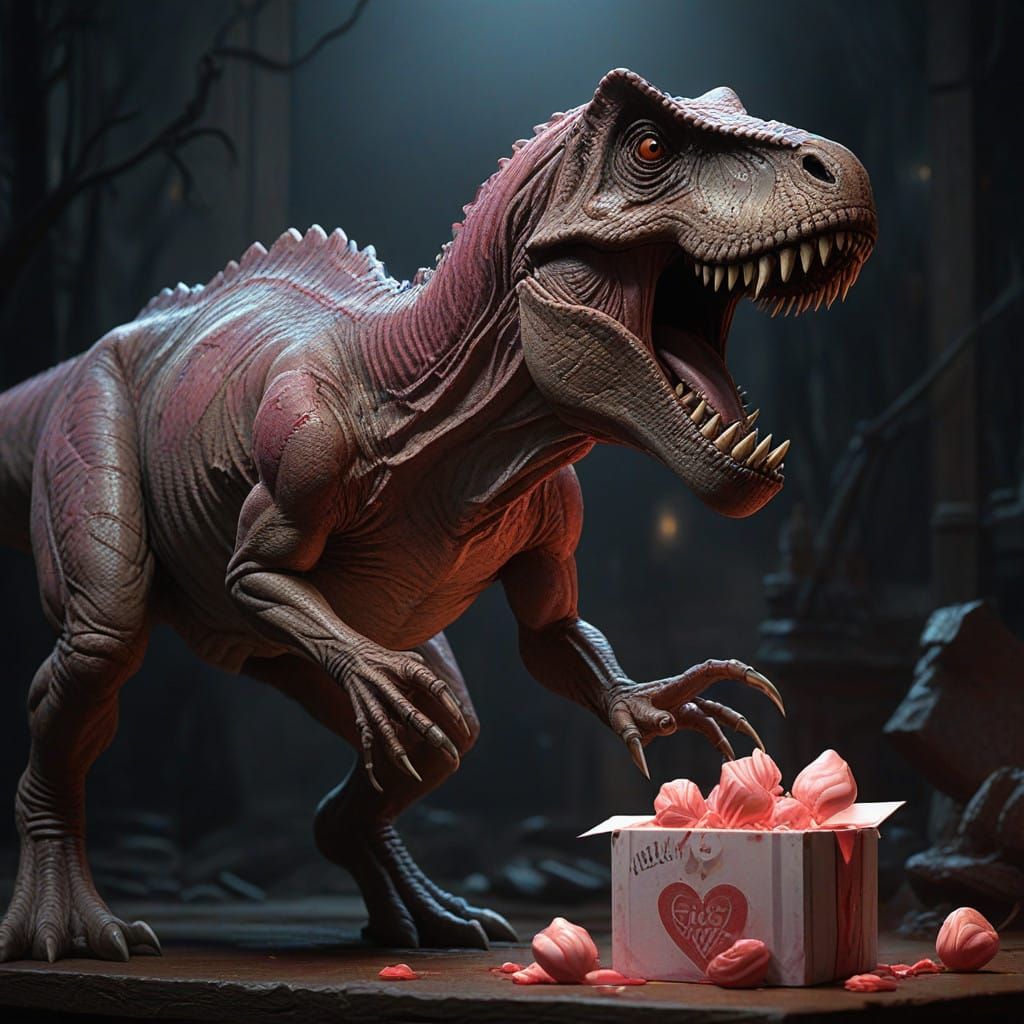 Surreal Valentine's Day Scene: Hyperrealistic T. Rex with Ca...