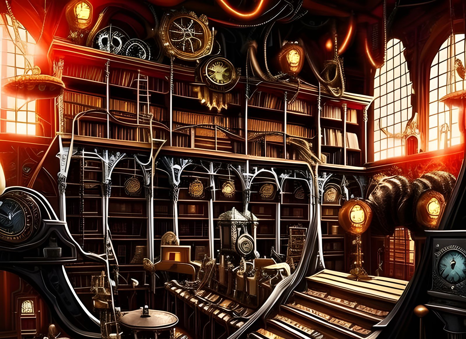 Steampunk Magic Library with Dark Academia Grimoires