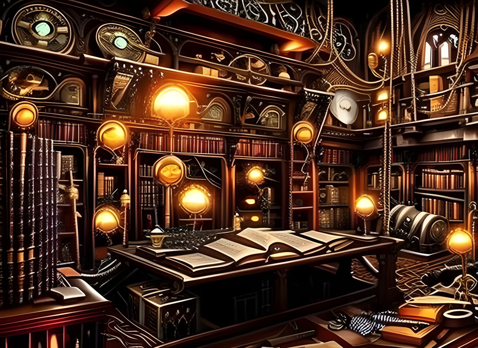 Steampunk Magic Library Still Life in Dark Academia Style