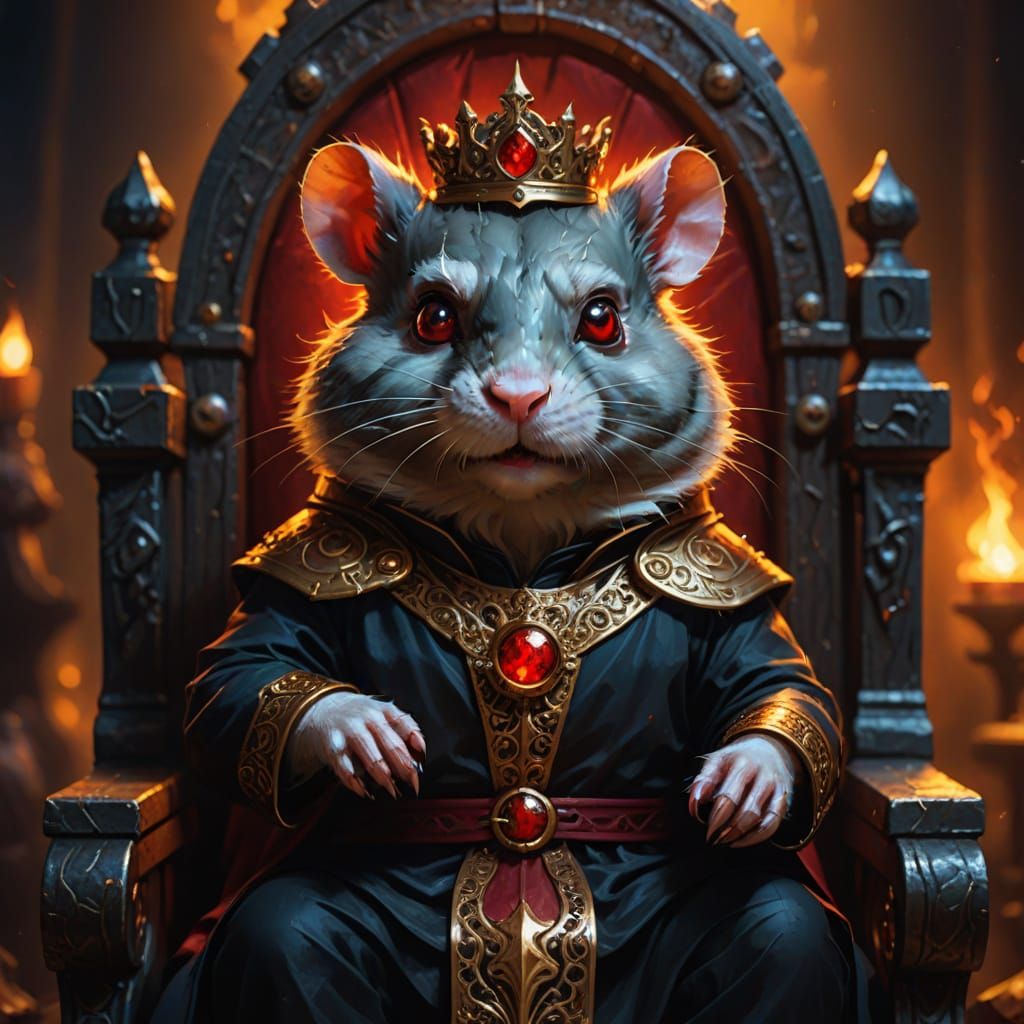 Evil Hamster King on Throne: Dark Fantasy Oil Painting