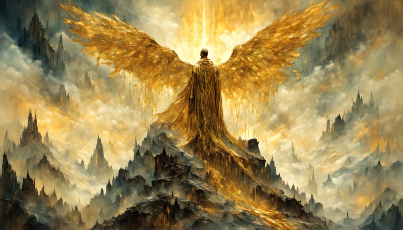 Golden Deity on Mountain Peak in Klimt Style