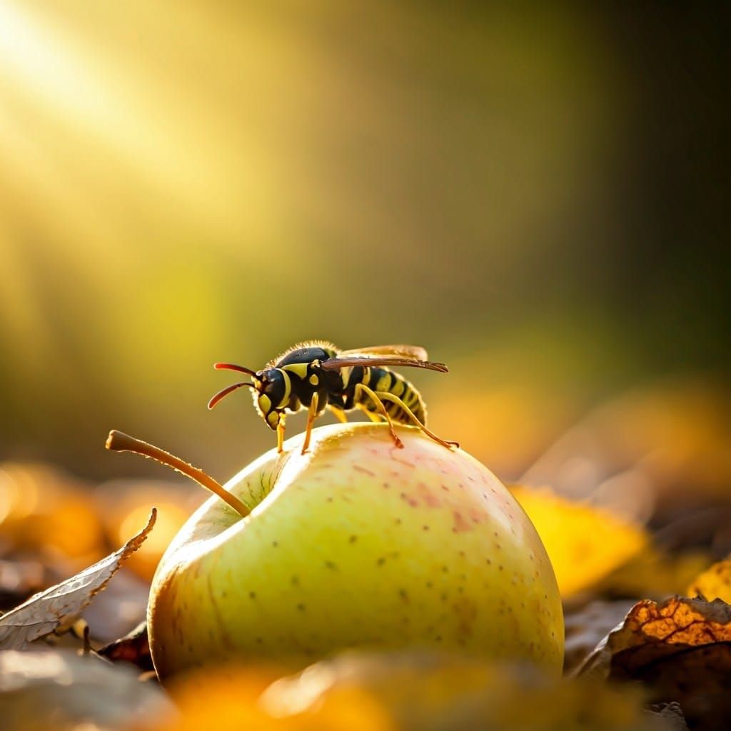 Wasp on Apple in Golden Light, Photorealistic Style