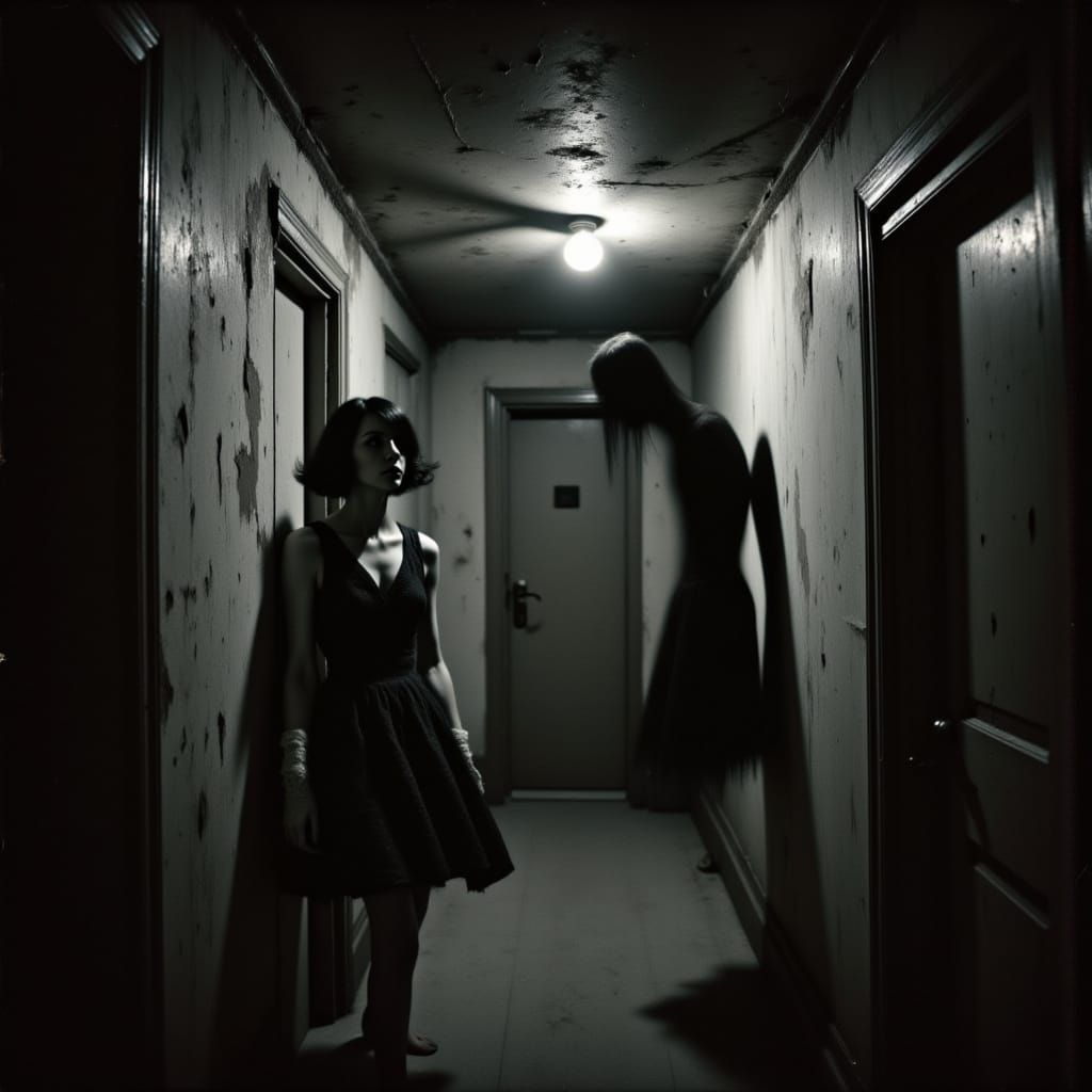 Woman's Shadow Becomes Demon in 1950s Hallway