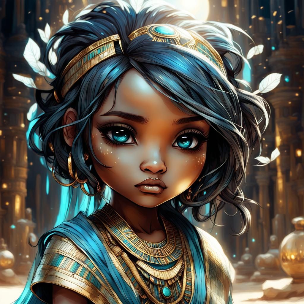 Expressive Chibi Egyptian Girl in Ink Flow Style