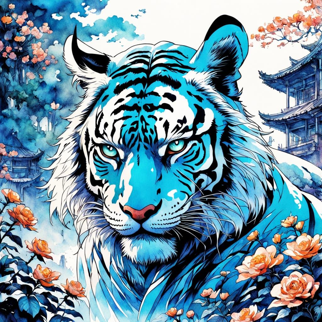 Surreal Watercolor Tiger Made of Flowers