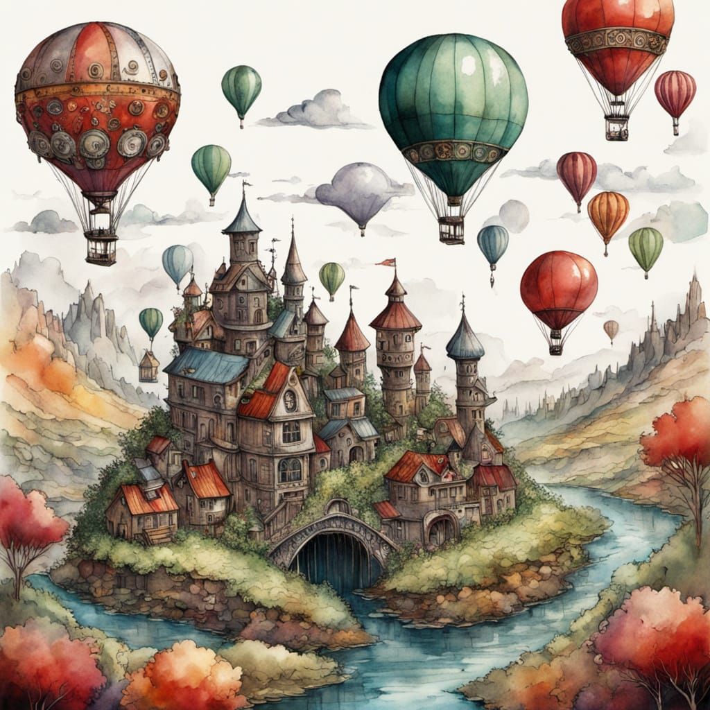Clockwork City in Hot Air Balloons Over Rolling Hills