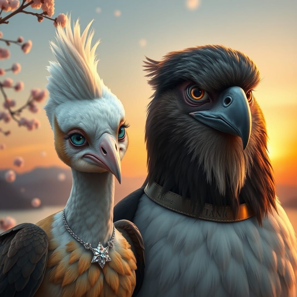 Anthropomorphic Birds as Margot Robbie and Leonardo DiCaprio