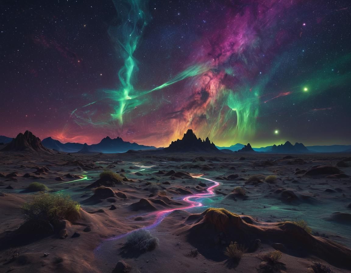 Surreal Desertscape with Aurora in Abstract Style