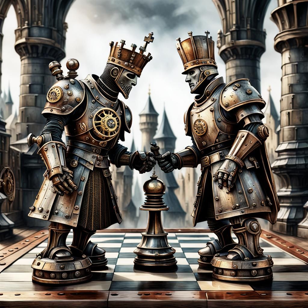 Steampunk Chess Battle in Watercolor Style