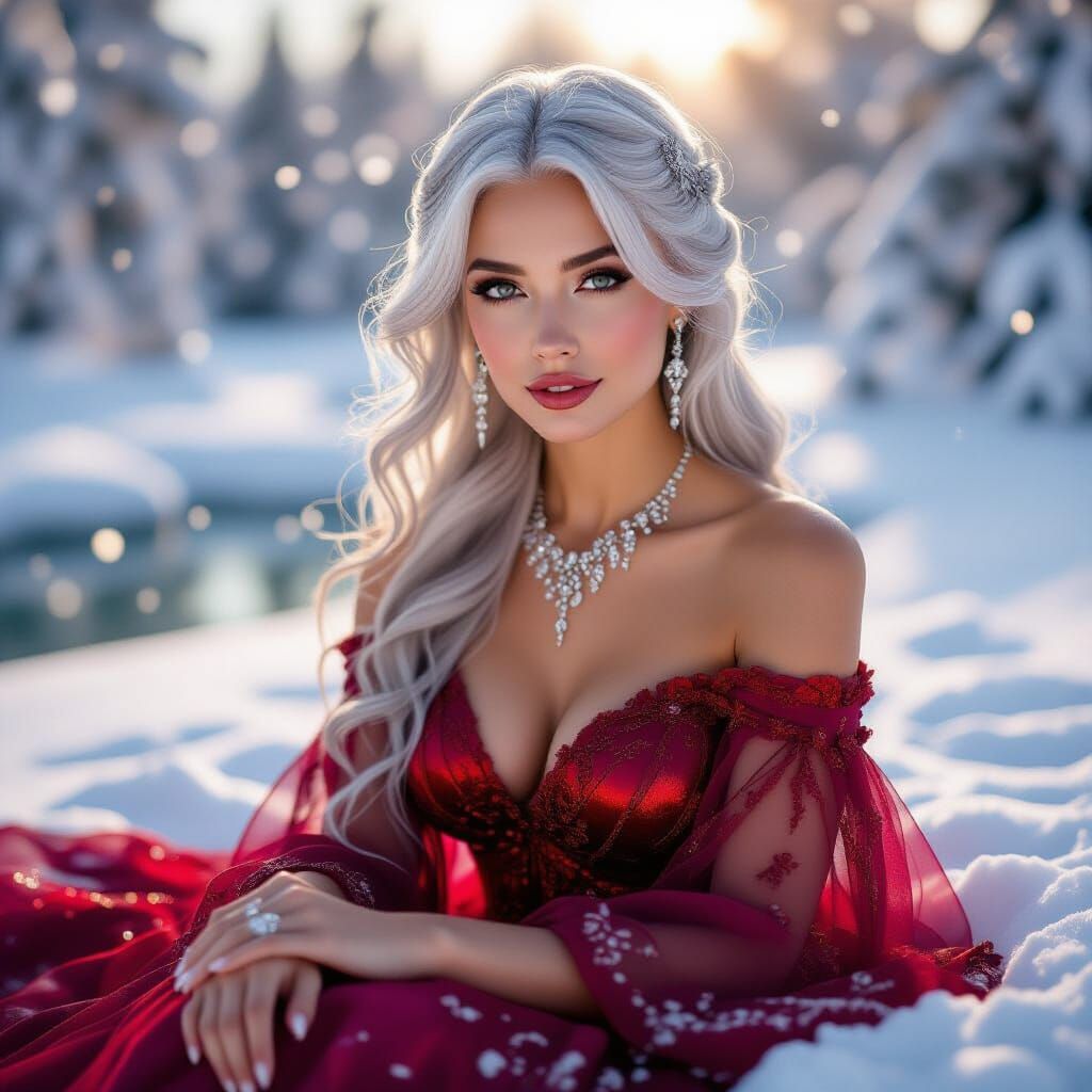 Snow Queen in Ruby Gown Amidst Clouds