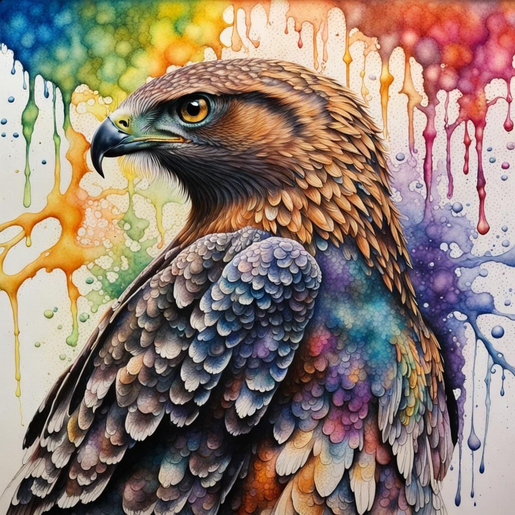 Stunning Hawk in Watercolor with Ink Splatters