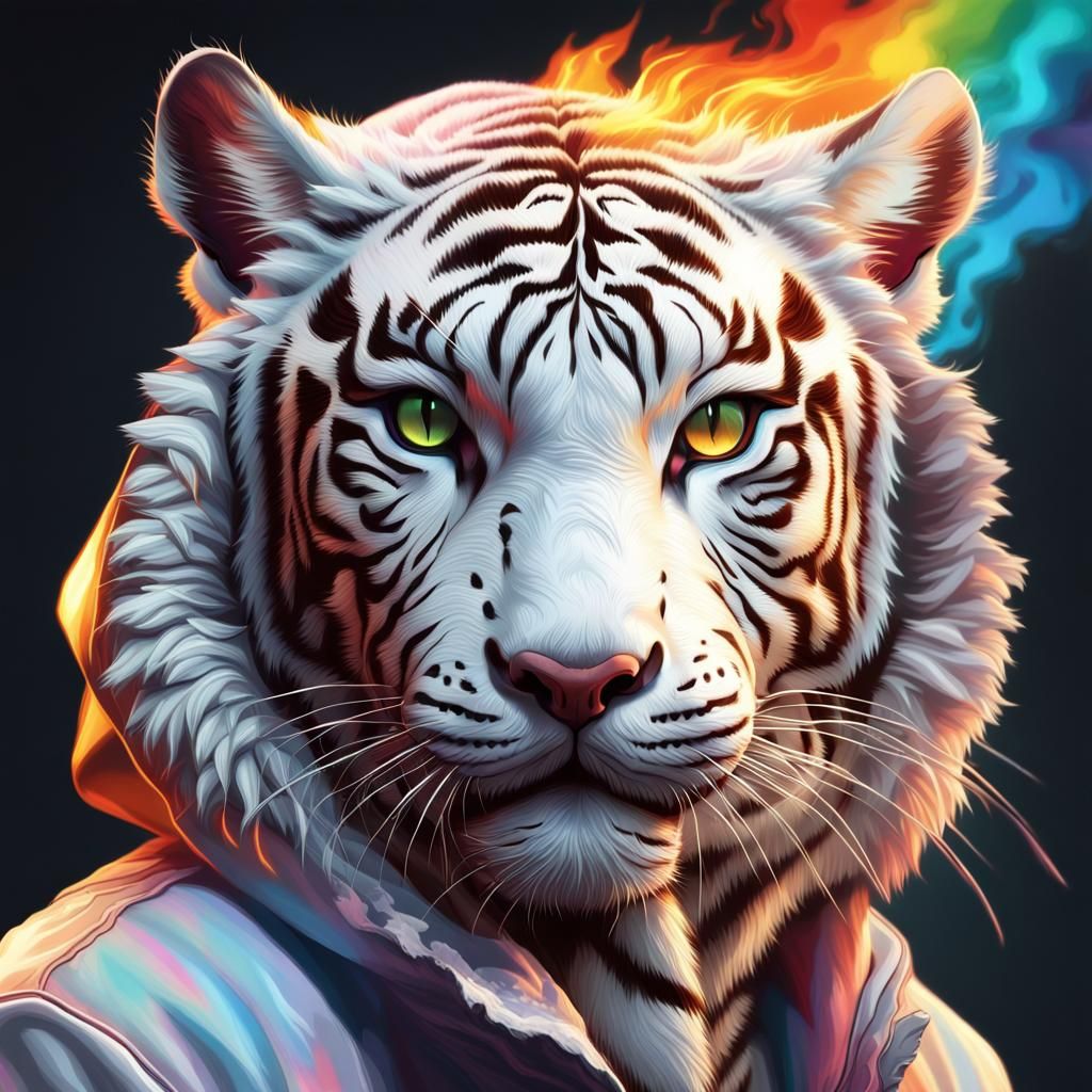 Fiery White Tiger in Hooded Jacket: Hyperrealistic Art