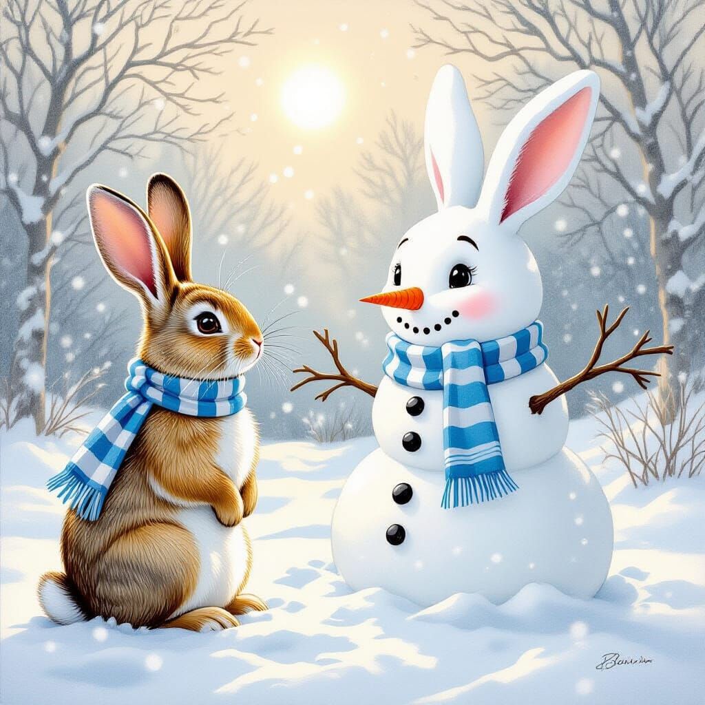 Rabbit Meets Snowman Friend in Gentle Snowstorm