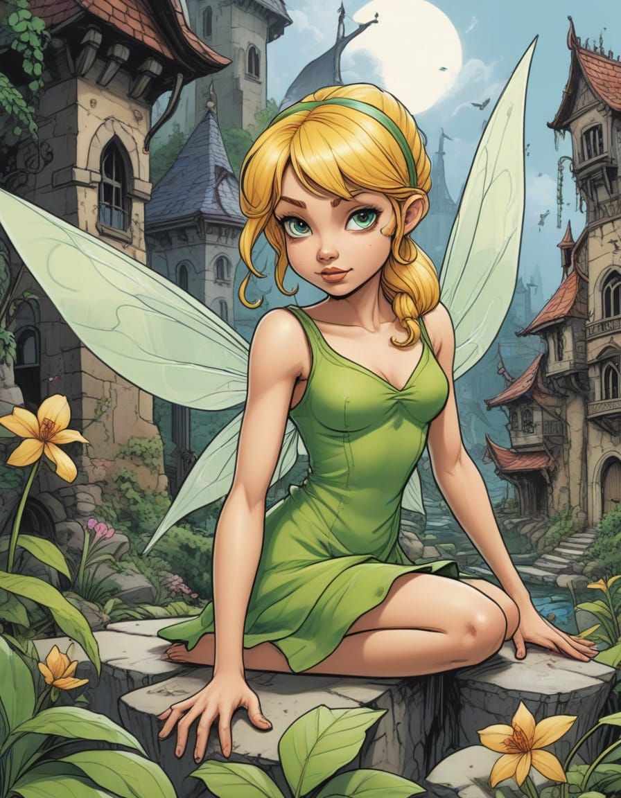 Whimsical Fairy in Dark Neverland Cityscape