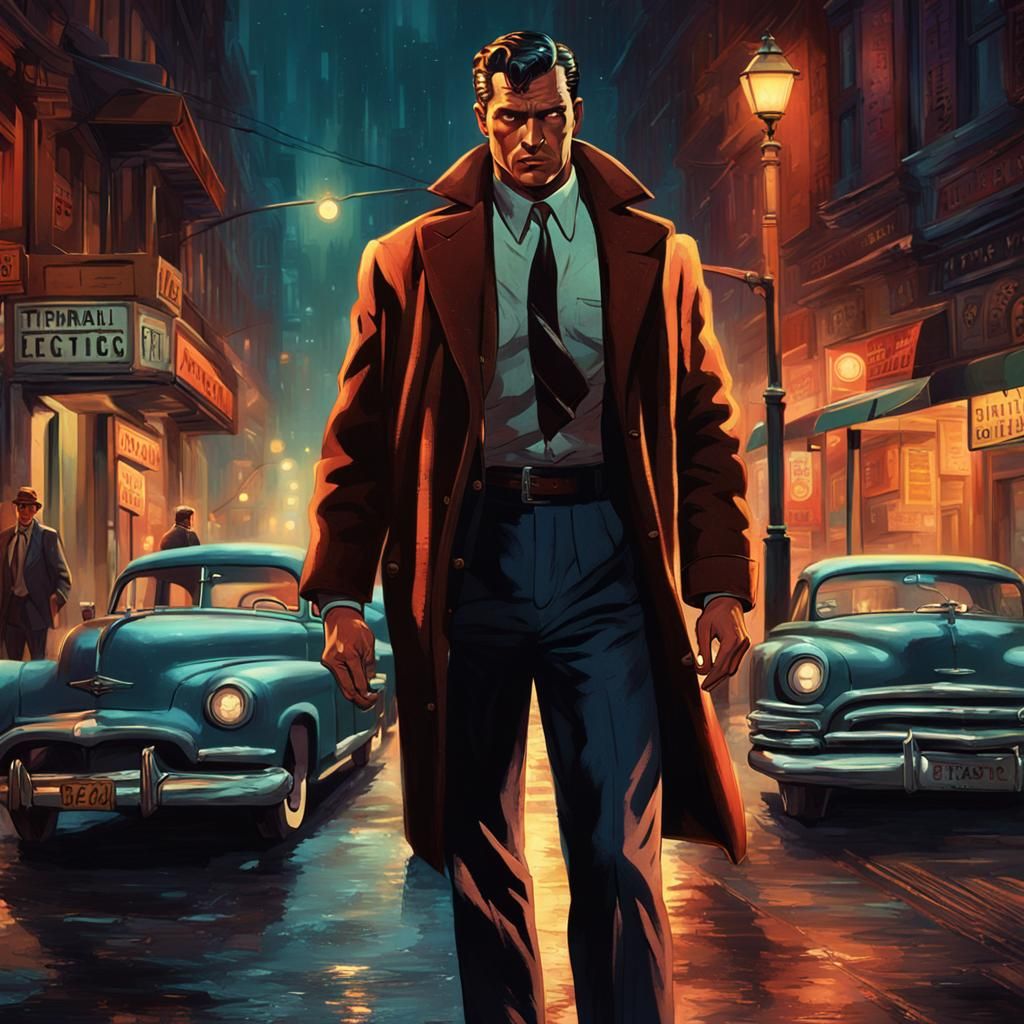 Vintage Pulp Noir: Shirtless Man in City