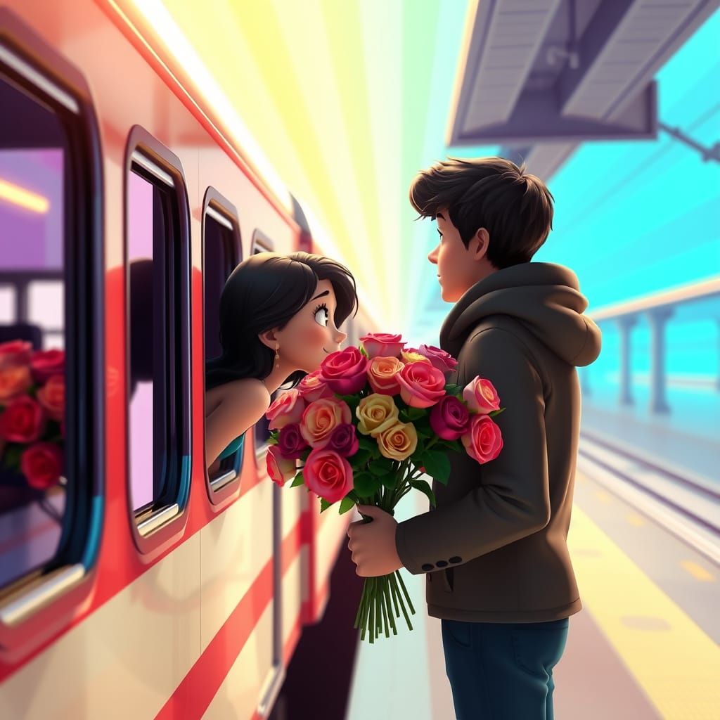 Tender Kiss at Train Station in Pixar Animation Style