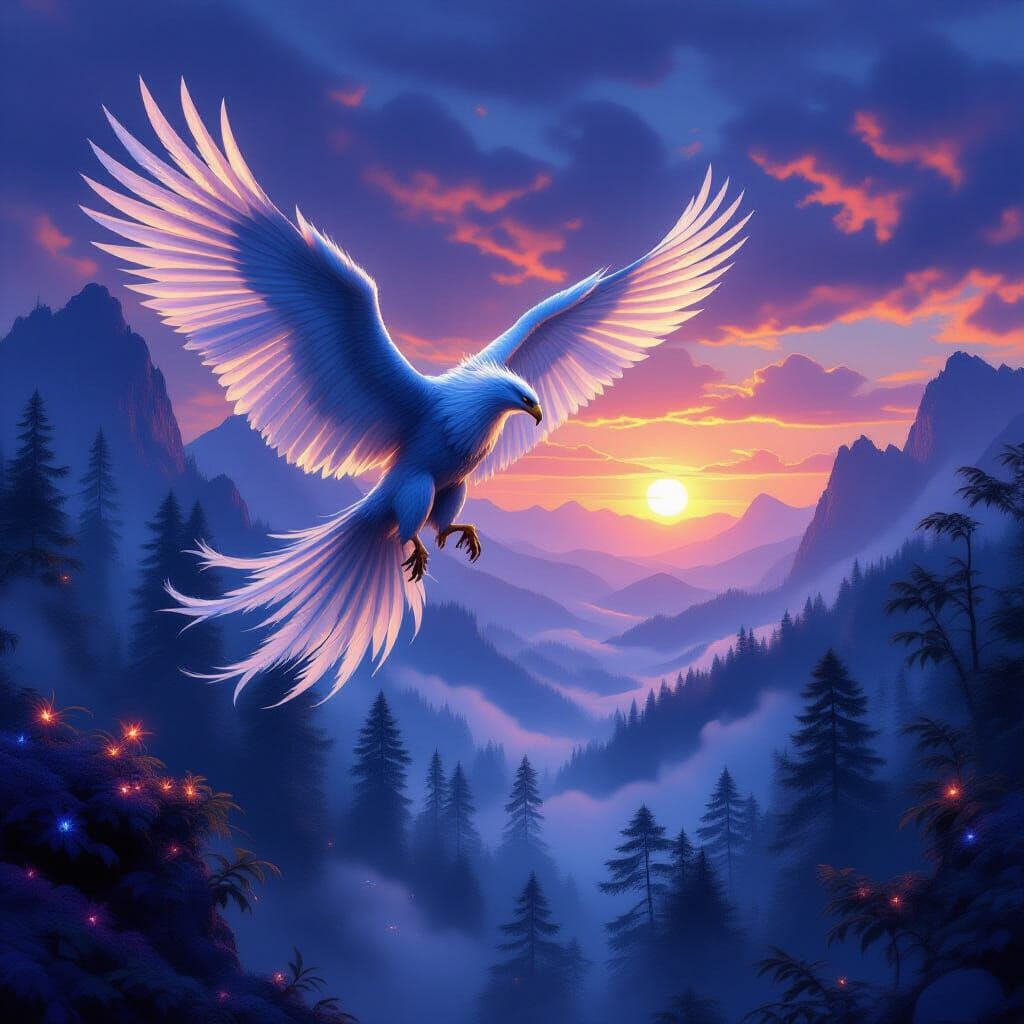 Majestic Griffin Soars Over Misty Forest at Twilight