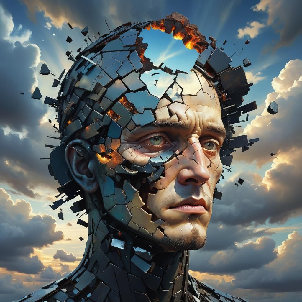Fractured Head with Dark Landscapes in Photorealistic Style