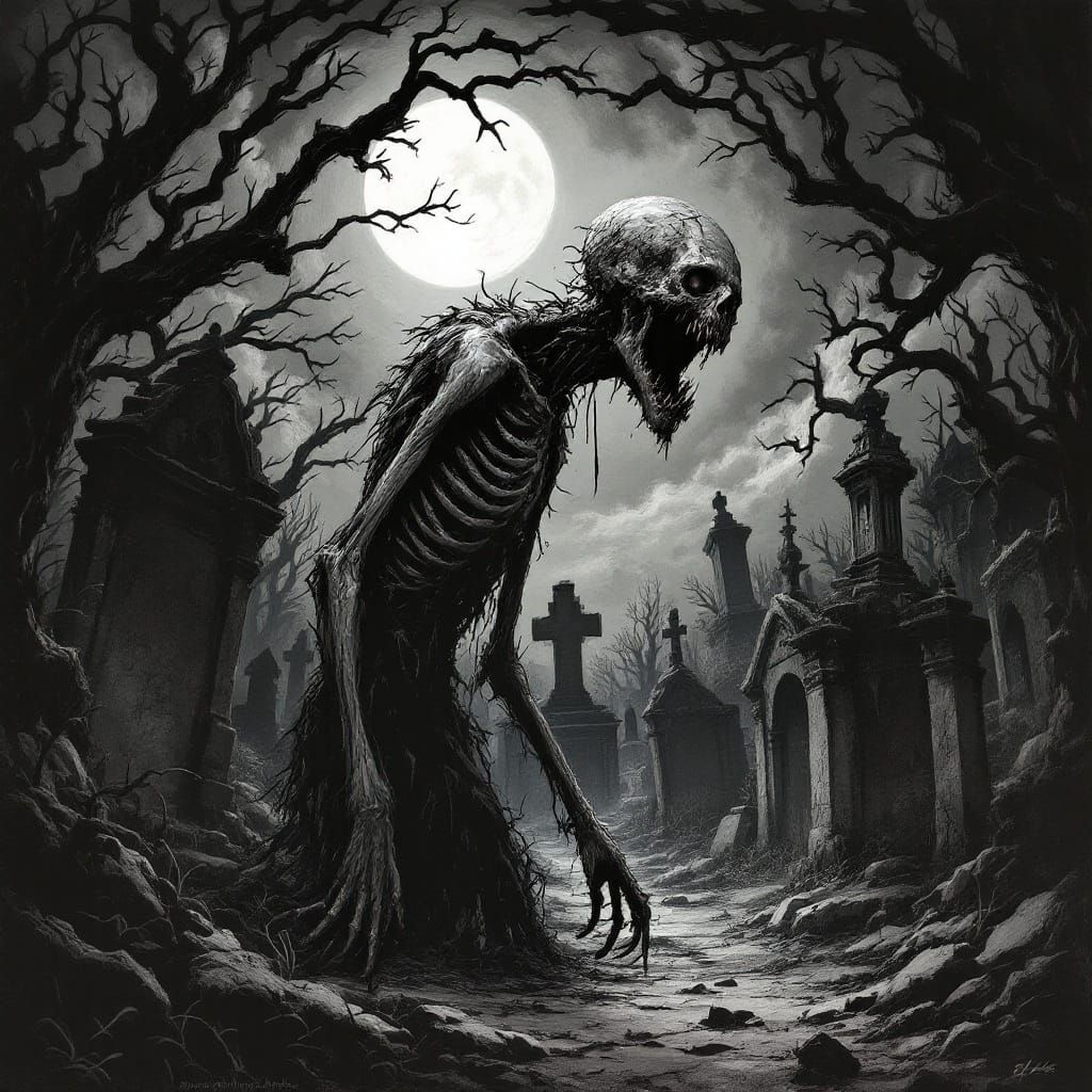 Grotesque Zombie in Graveyard: Macabre Horror