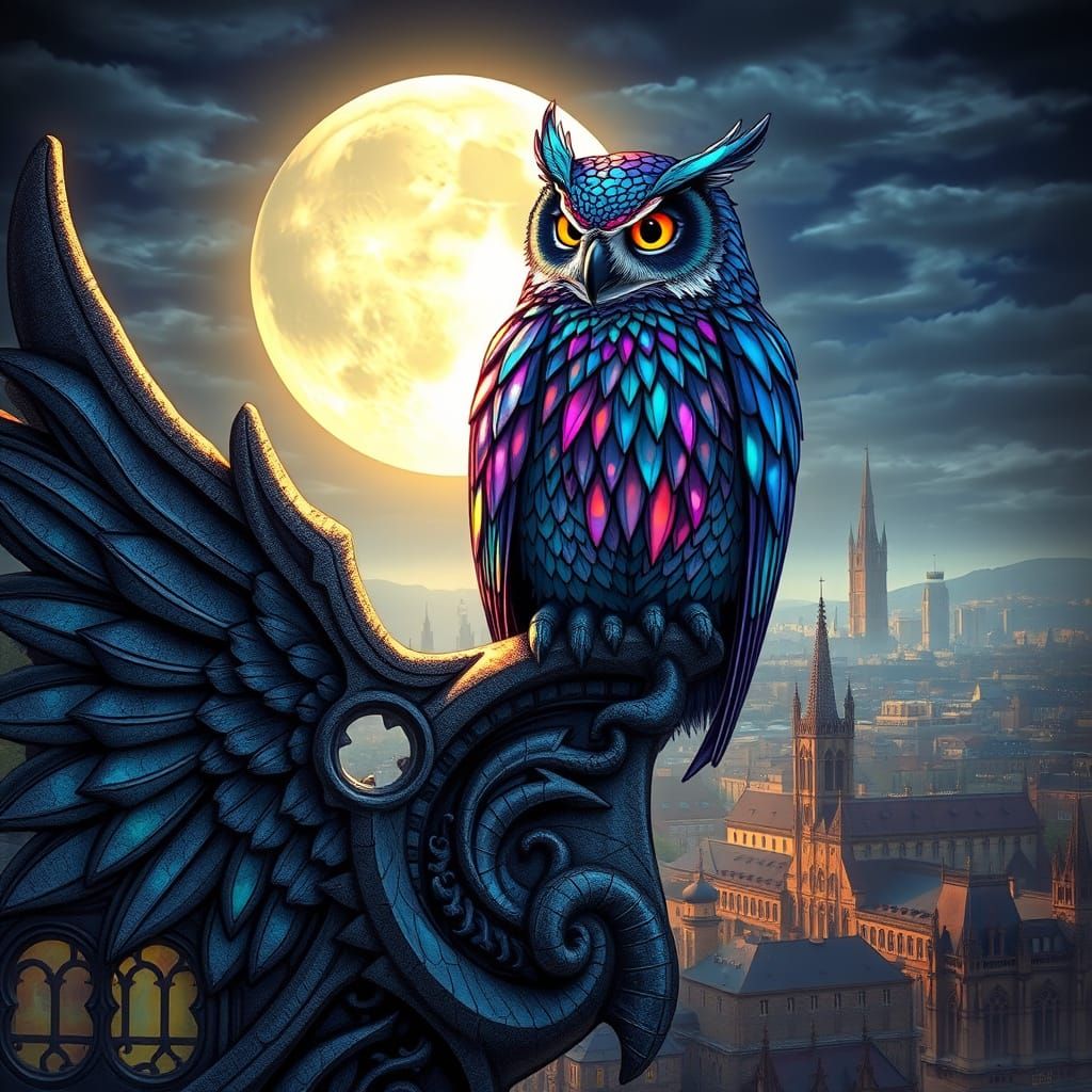 Ancient Owl Gaze: Cosmic Wisdom on Gothic Cathedral Gargoyle