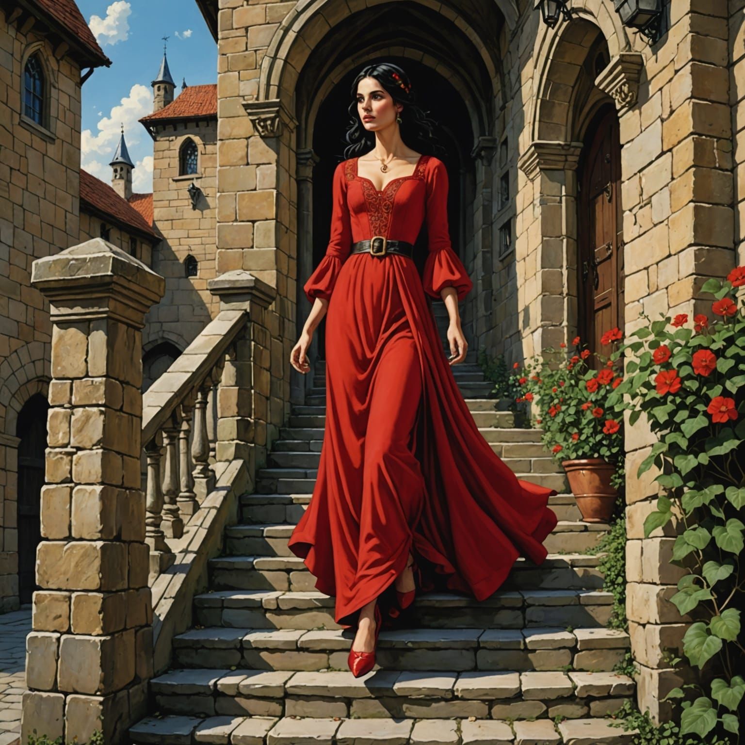Medieval Woman Descends Stairs in Vibrant Cartoon Style