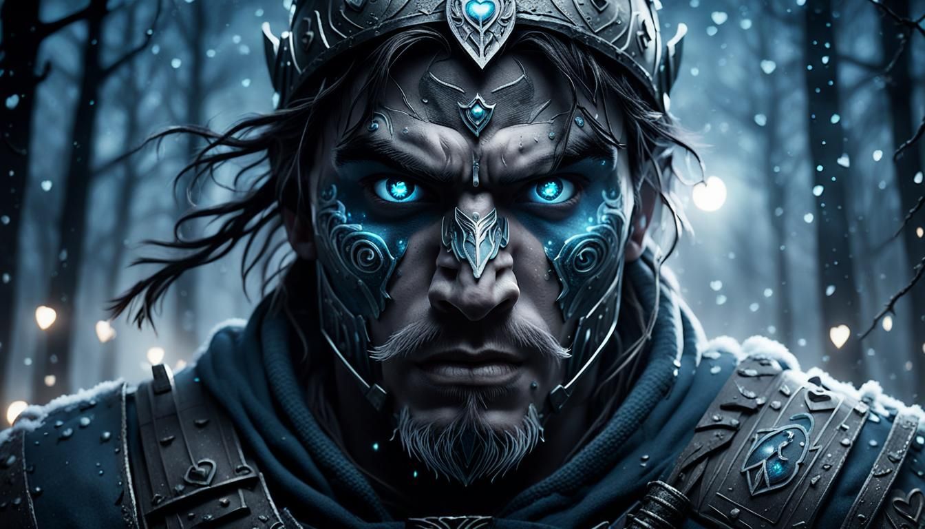 Warrior's Glowing Eyes in Dark Fantasy Landscape