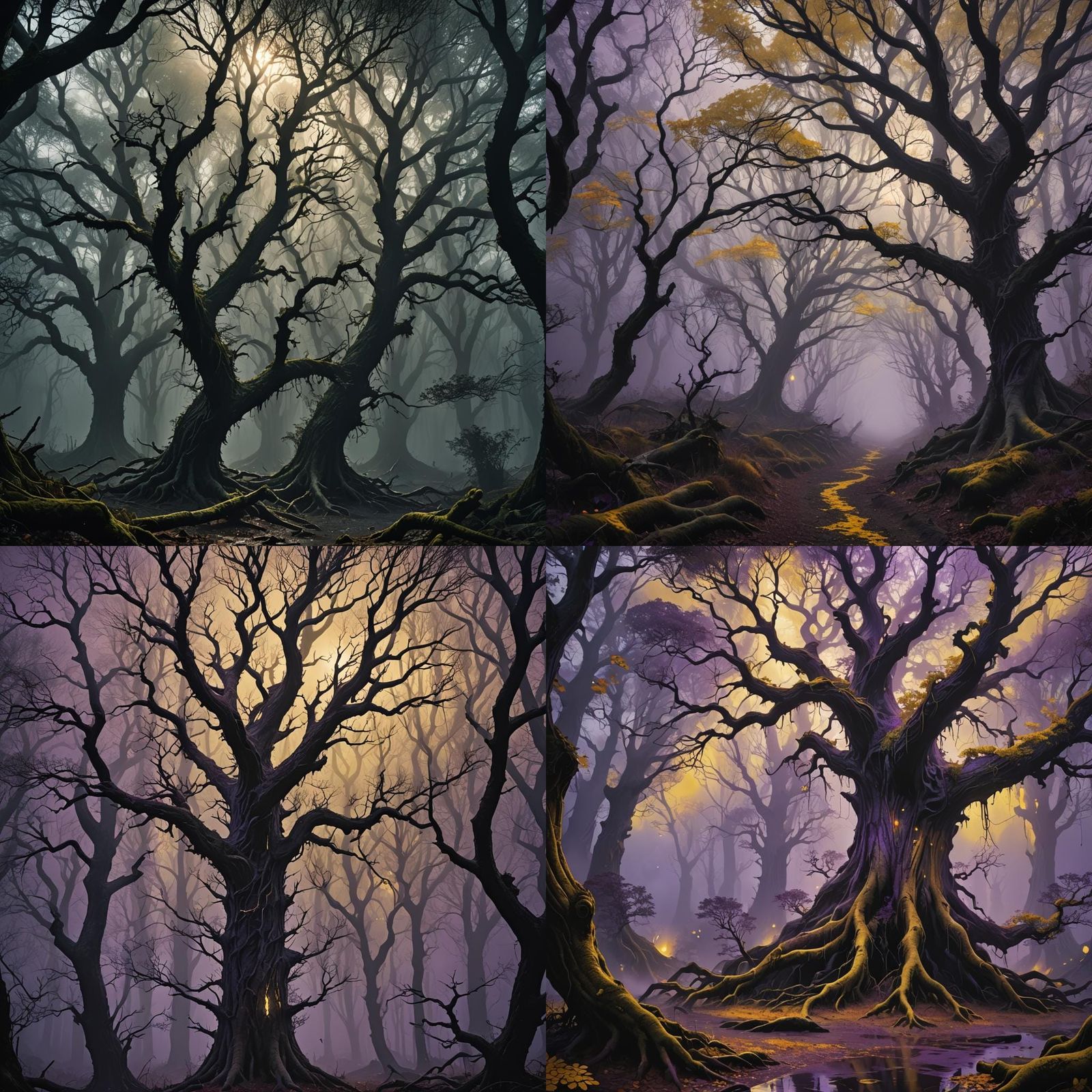 Atmospheric Dark Forest Scene in Shadows and Rain