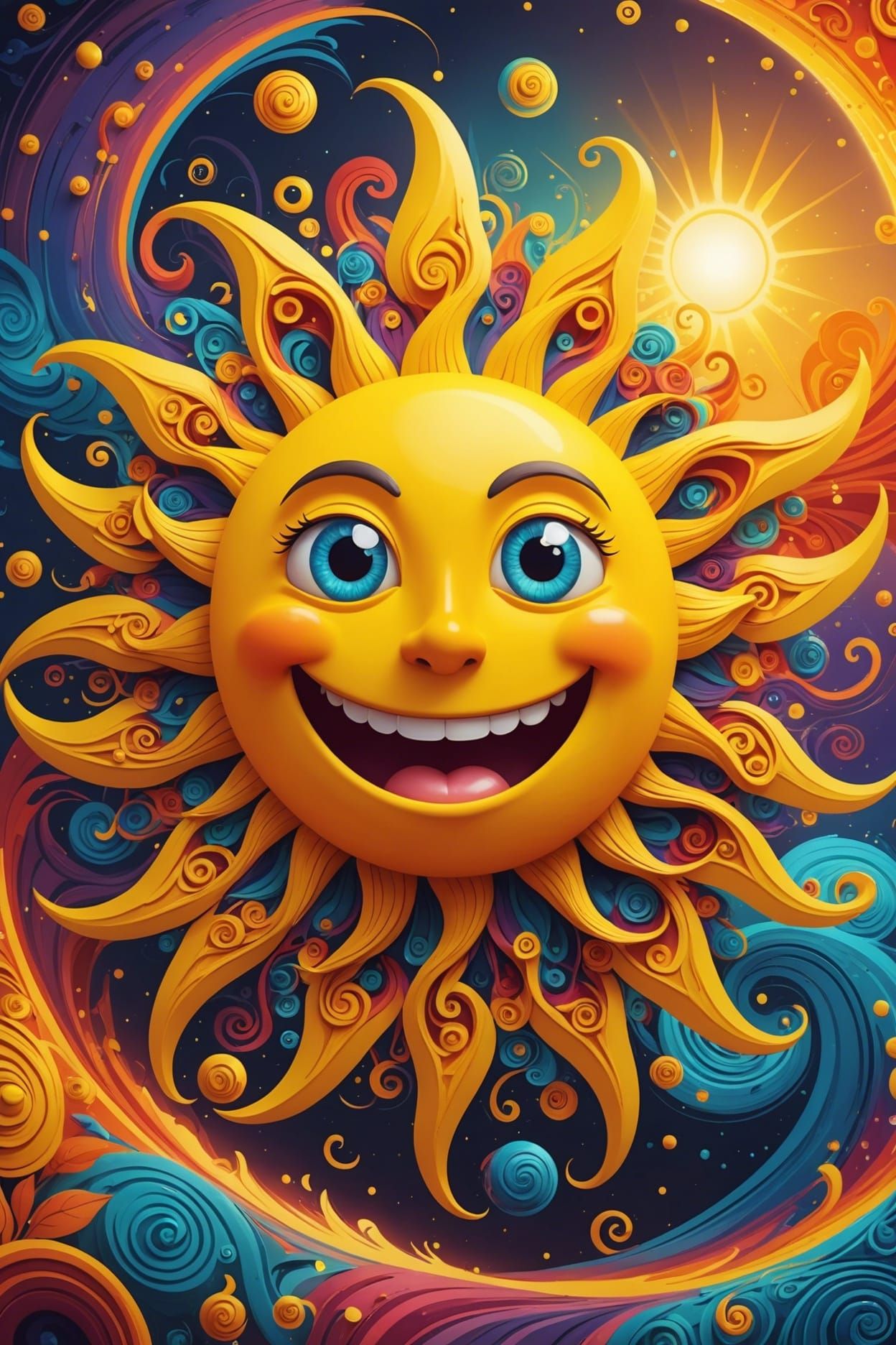 Humorous Cartoon Sun with Swirling Colors, Detailed Matte Pa...