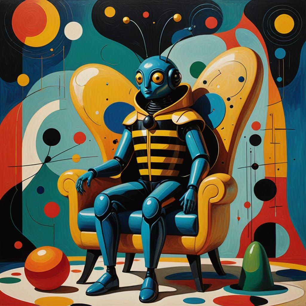 Surrealist Queen Bee on Whimsical Throne in Vibrant Colors