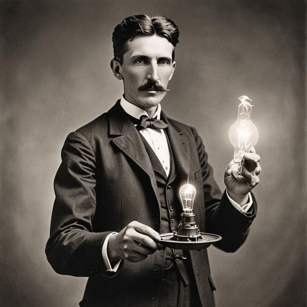 Nikola Tesla with Light Bulb Portrait