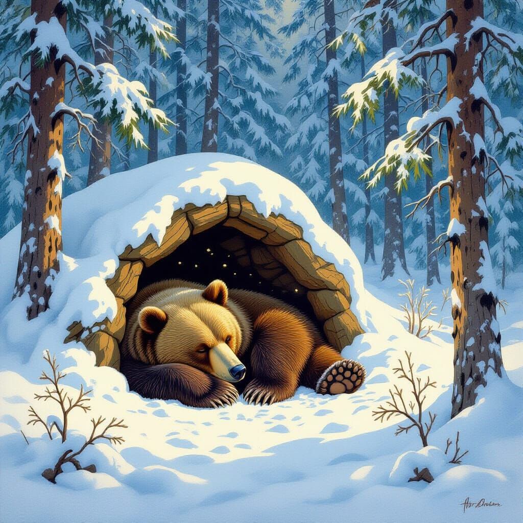 Bear Hibernating in Cozy Forest, Snow Covered Trees