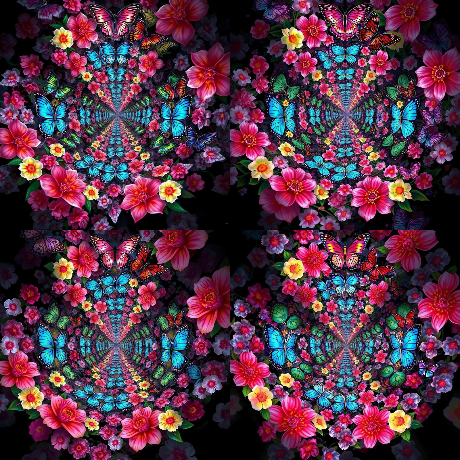 Mesmerizing Tunnel of Kaleidoscopic Butterflies and Flowers